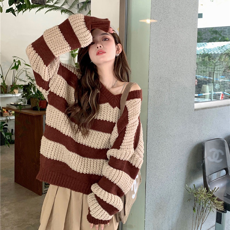 IELGY Áo Len Cổ Chữ V Dáng Rộng Họa Tiết Kẻ Sọc Phong Cách Hàn Quốc Thời Trang Cho Nữ