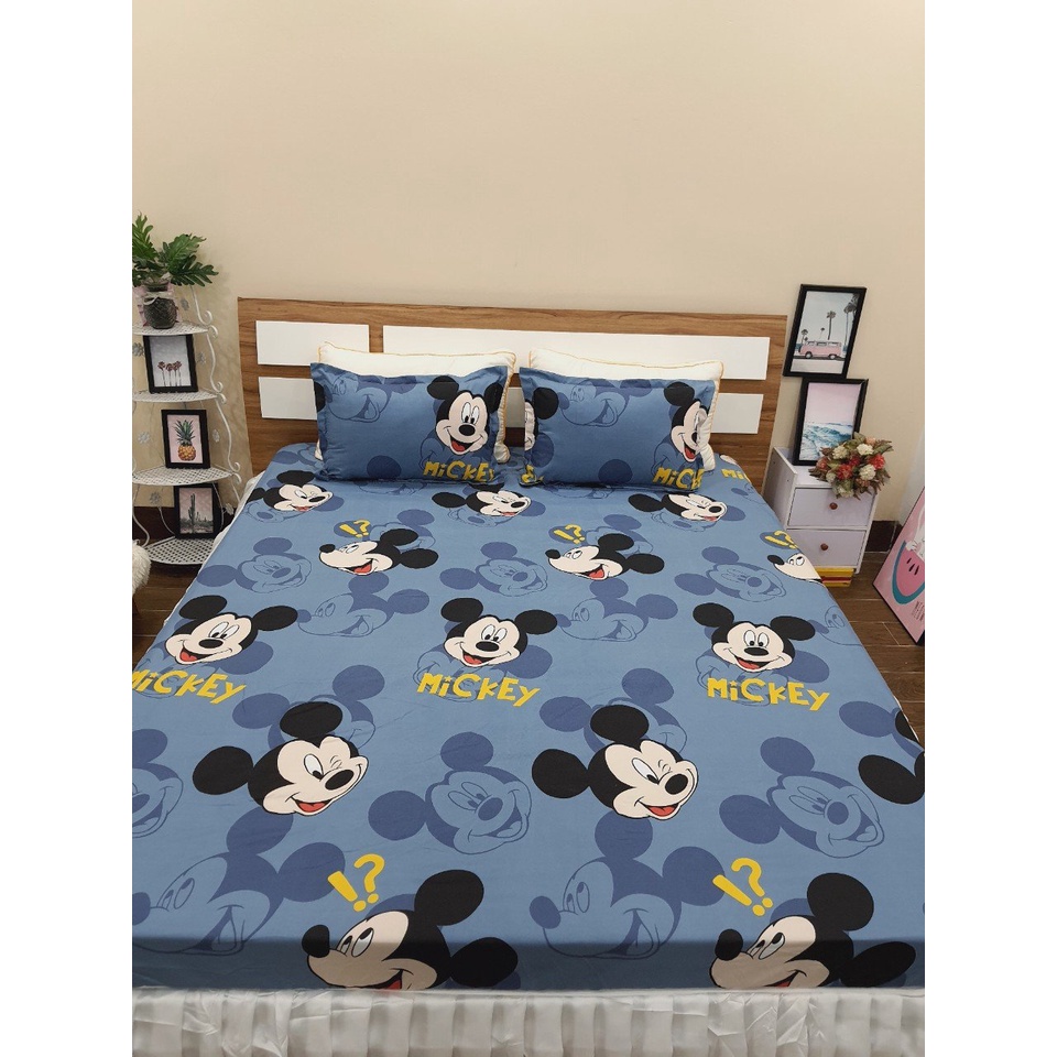 (Giá Sốc) ✈ Bộ ga giường 3 món Cao Cấp Poly Cotton mẫu Mickey xanh loại đẹp nhiều mẫu full size (Drap giường + 2 vỏ gối)