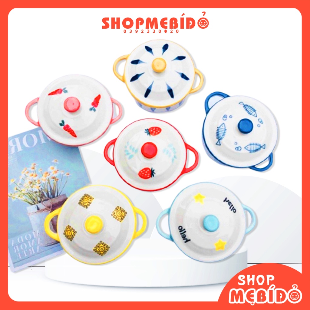 Bát Ăn Dặm Gốm Sứ Hình Nồi Họa Tiết Có Nắp Cho Bé 200ml Shop Mẹ Bí Đỏ