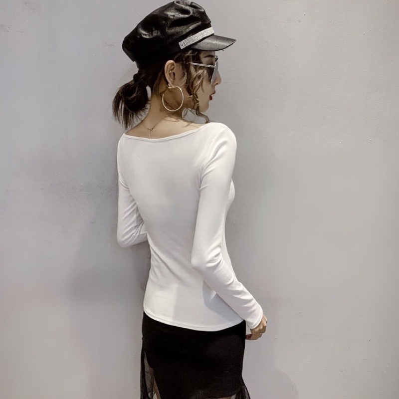 Áo Thun Dài Tay Cổ Nhún Chữ V Lệch Vai Chất Thun Tăm Mềm