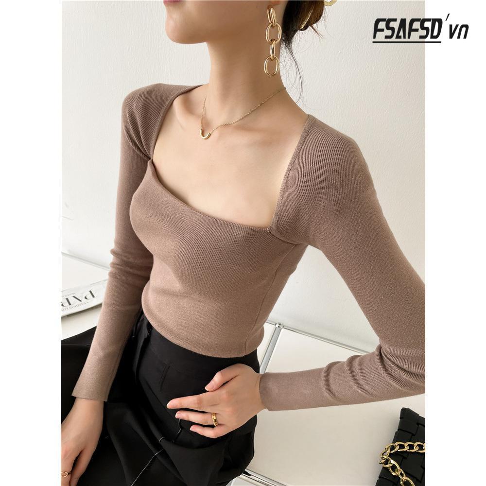 Áo Sweater Cổ Vuông Phong Cách Retro Pháp