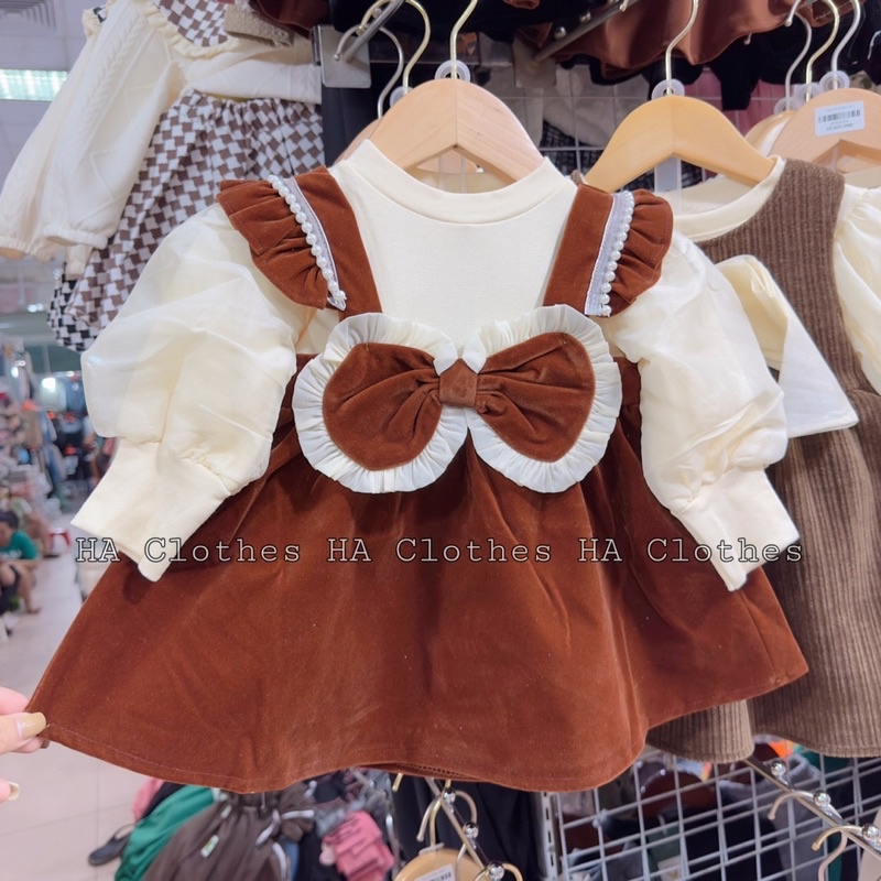 Set váy nhung tay bồng cao cấp cho bé gái