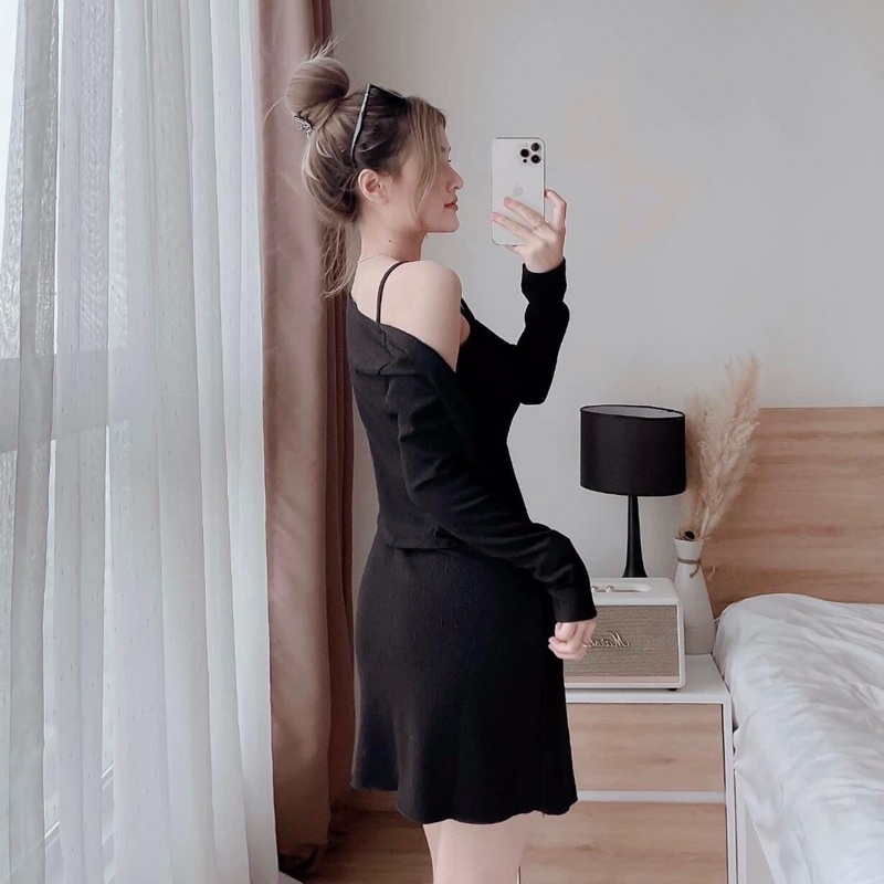 Set đầm dây + khoác tay dài