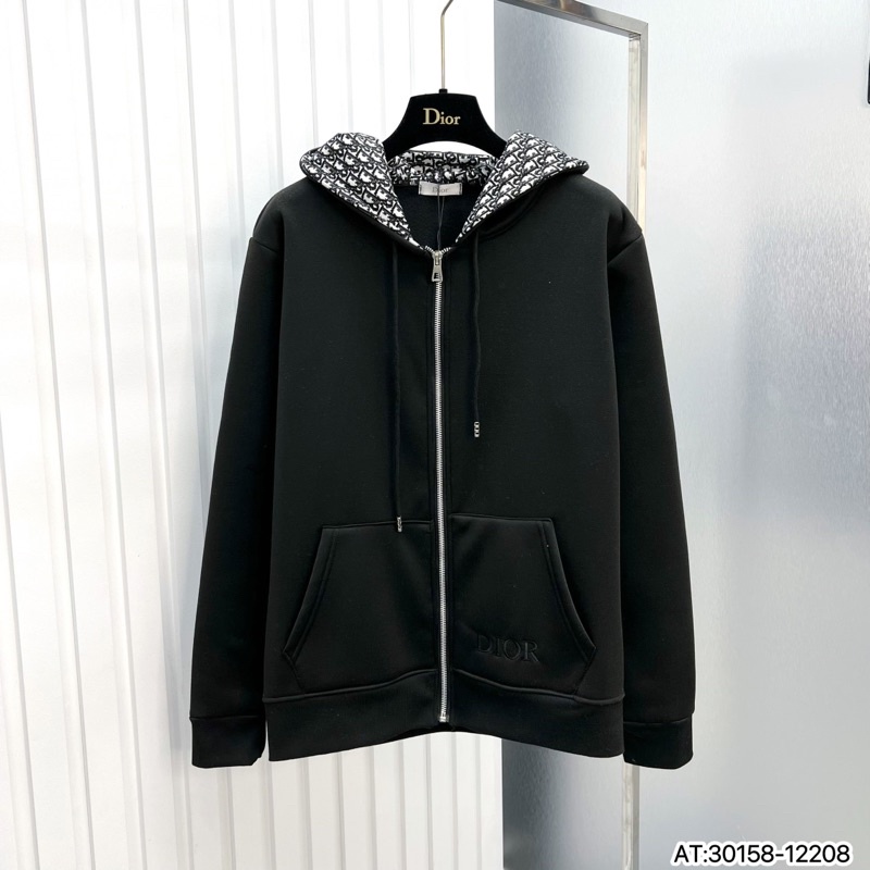 Áo khoác hoodie zip CD nam nữ dệt chữ túi phối mũ mặt trong hoạ tiết vân chữ thổ cẩm monogram nỉ bông
