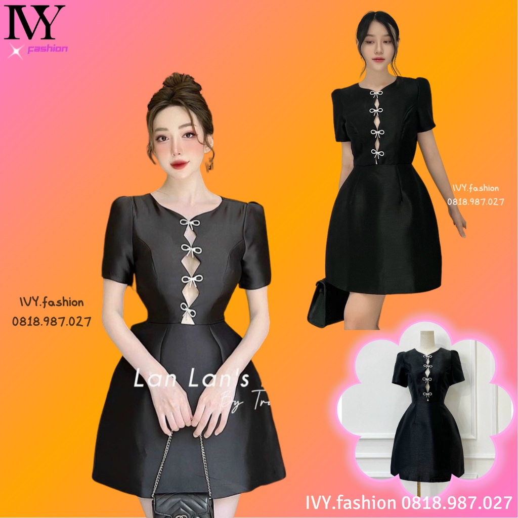Đầm váy thiết kế khoét ngực 💧tafta lót lụa💧đính nơ đen tay ngắn phồng chữ A đi biển dự tiệc dạo phố bigsize cao cấp