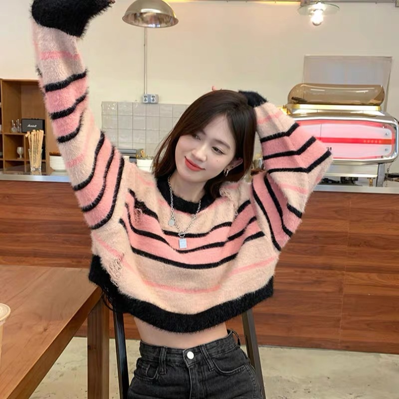 Áo Len Sáp Mềm Ngắn Dáng Rộng Họa Tiết Kẻ Sọc Thời Trang Xuân Thu Cho Nữ