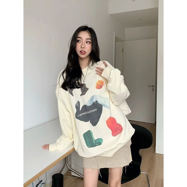 [MURIOKI] Áo Hoodie Cổ Tròn Dáng Rộng Phong Cách Mỹ Thời Trang Cho Nữ