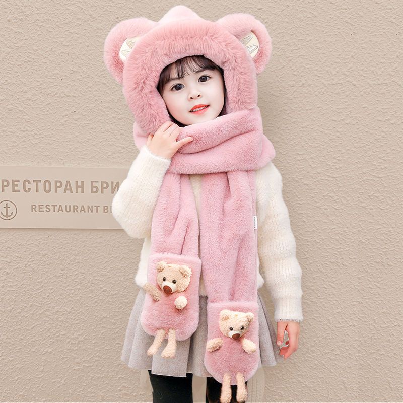 Mũ Trùm Đầu Mùa Đông Dễ Thương Bảo Vệ Tai Kèm Khăn Choàng Và Găng Tay Hình Gấu Dành Cho Trẻ Em