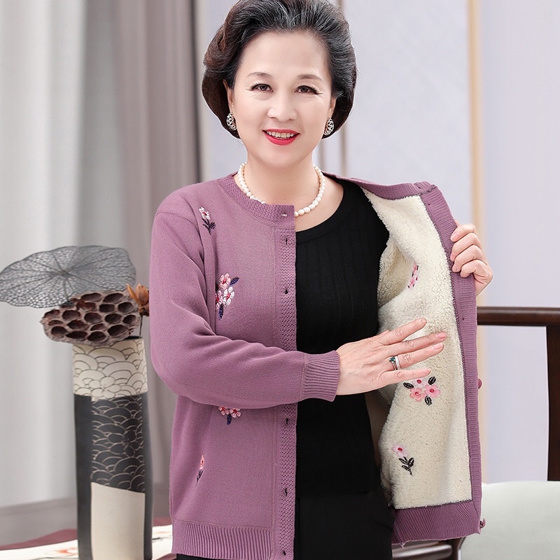 Áo khoác len Cardigan thêu hoa lót lông tặng Mẹ, tặng Bà (Hàng đẹp)