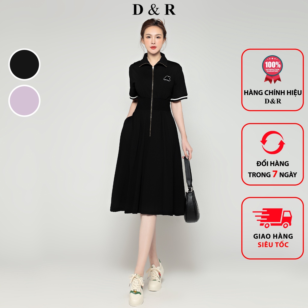Đầm polo dây kéo bigsize phối eo thun giấu bụng Quảng Châu cao cấp váy xòe đi chơi D&R D215