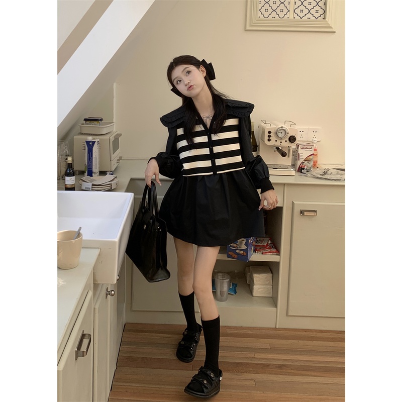 Áo Sơ Mi Dài Tay Hai Lớp Cổ Búp Bê Họa Tiết Kẻ Sọc Thời Trang Hàn Quốc Kiểu Mới Dành Cho Bạn Nữ