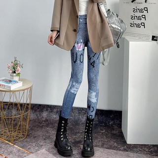 Quần legging giả jean dáng ôm lưng cao co giãn thời trang mùa thu cho nữ
