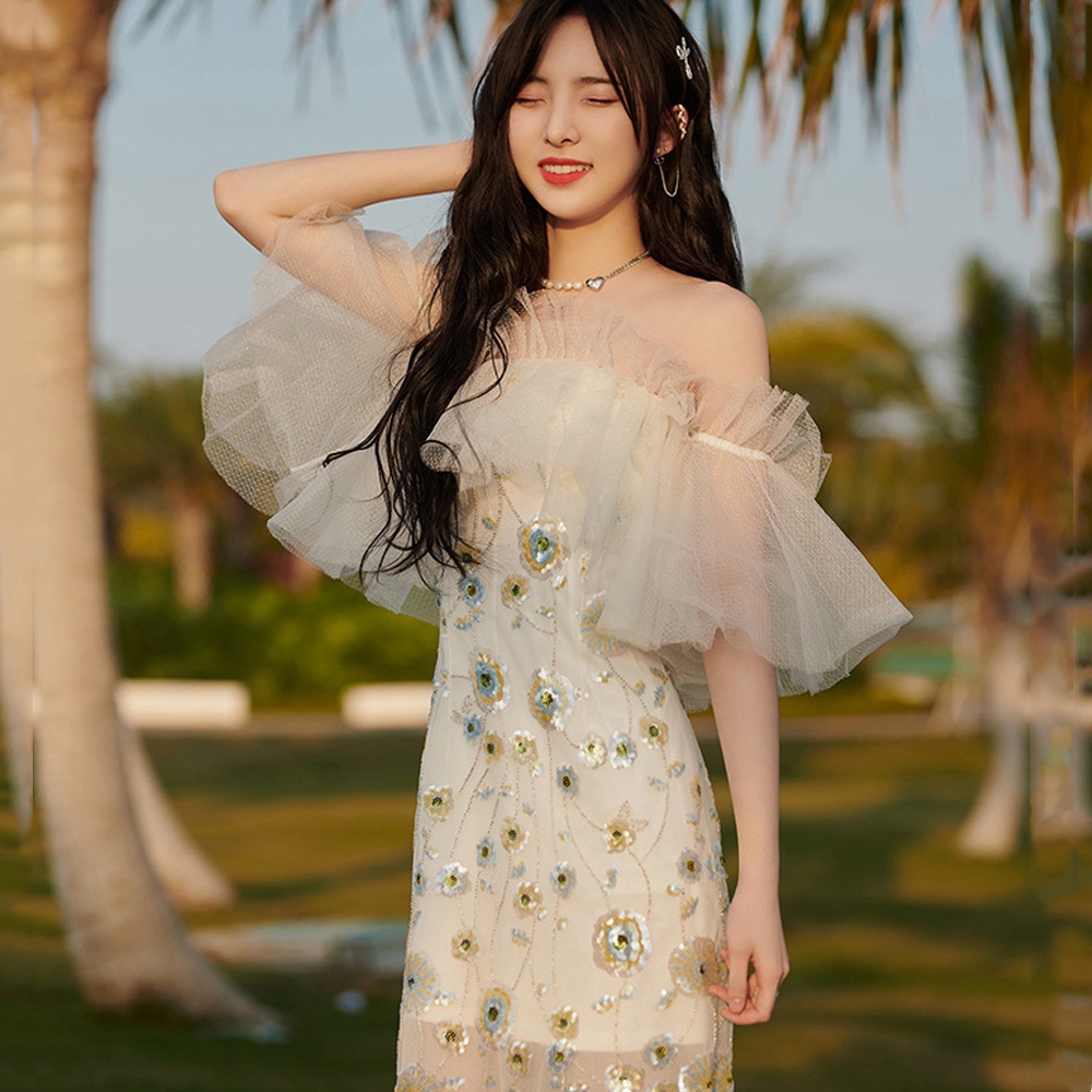 Đầm Dự Tiệc Trễ Vai Dáng Ngắn Đính Kim Sa Lấp Lánh Thời Trang Mùa Hè Cho Nữ