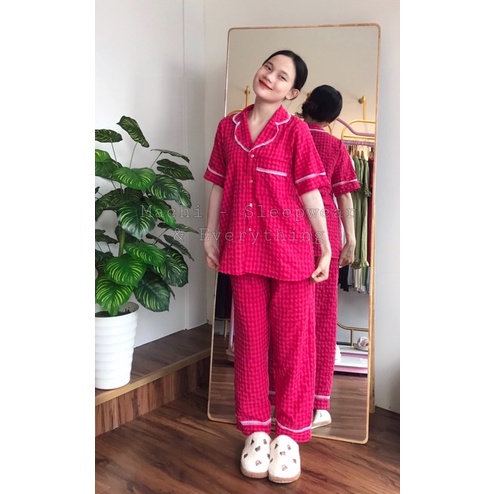 Set pyjama tay ngắn quần dài viền ren sọc caro mặc nhà - bộ ngủ xốp dễ thương