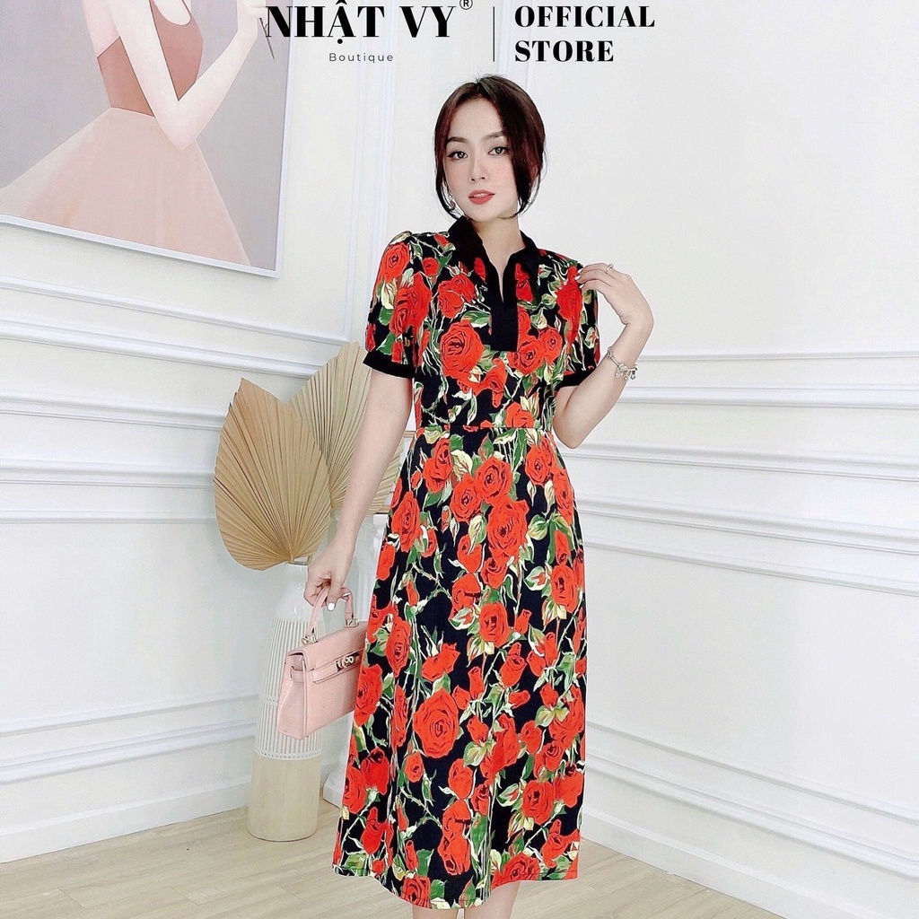 Váy Hoa Đi Chơi NHẠT VY Cổ Sơ Mi Dáng Ôm Tay Ngắn Chất Mango Màu Xanh Đen, Đỏ - D2465
