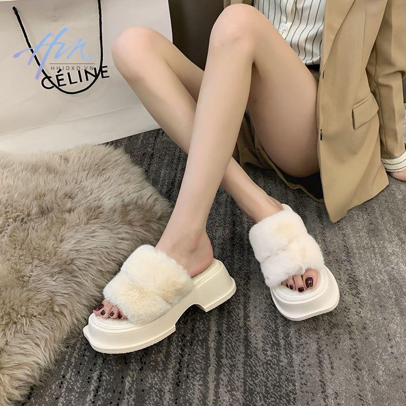 Dép Quai Ngang Đế Dày Phối Lông Thời Trang Thu Đông 2022 Mới Cho Nữ