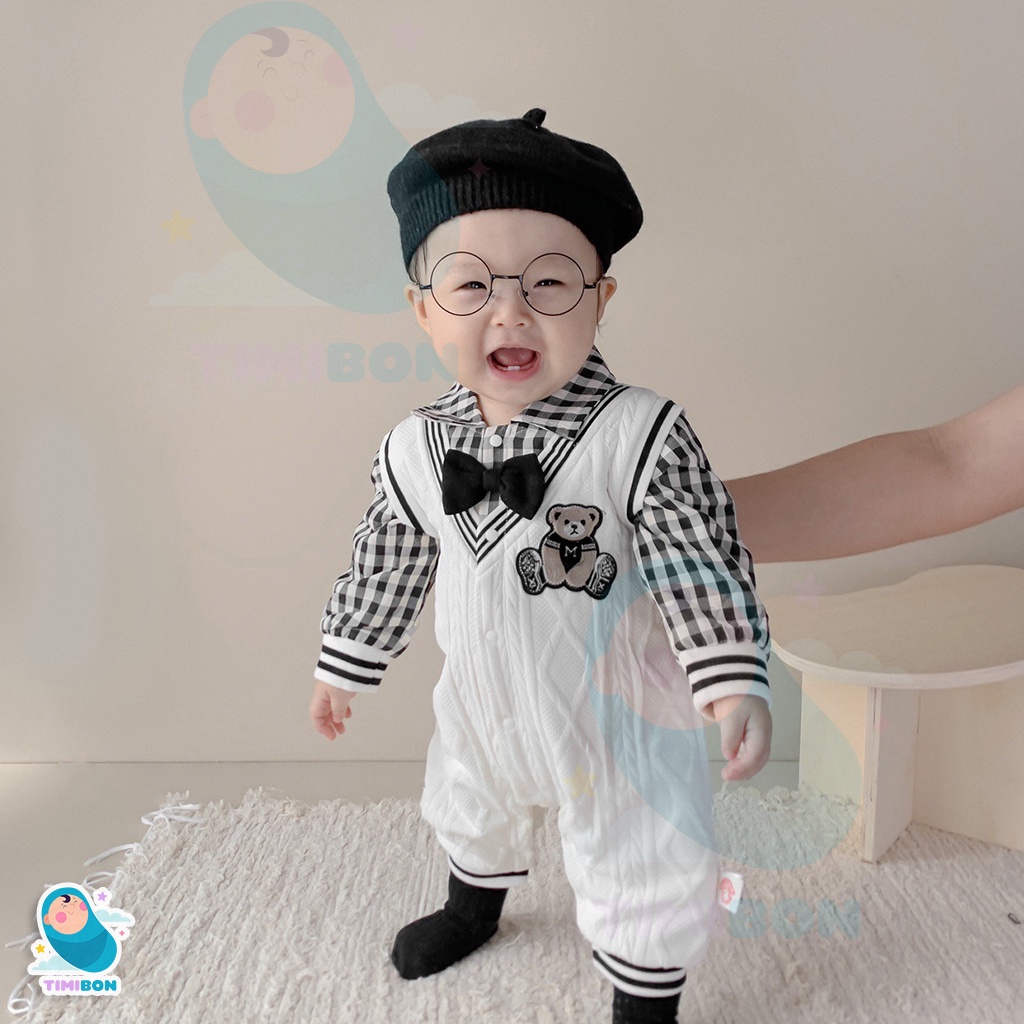 Body Len Cho Bé Bodysuit Công Tử Trắng Phối Sơ Mi Kẻ Caro Cho Bé Mặc Thu Đông - BDD28