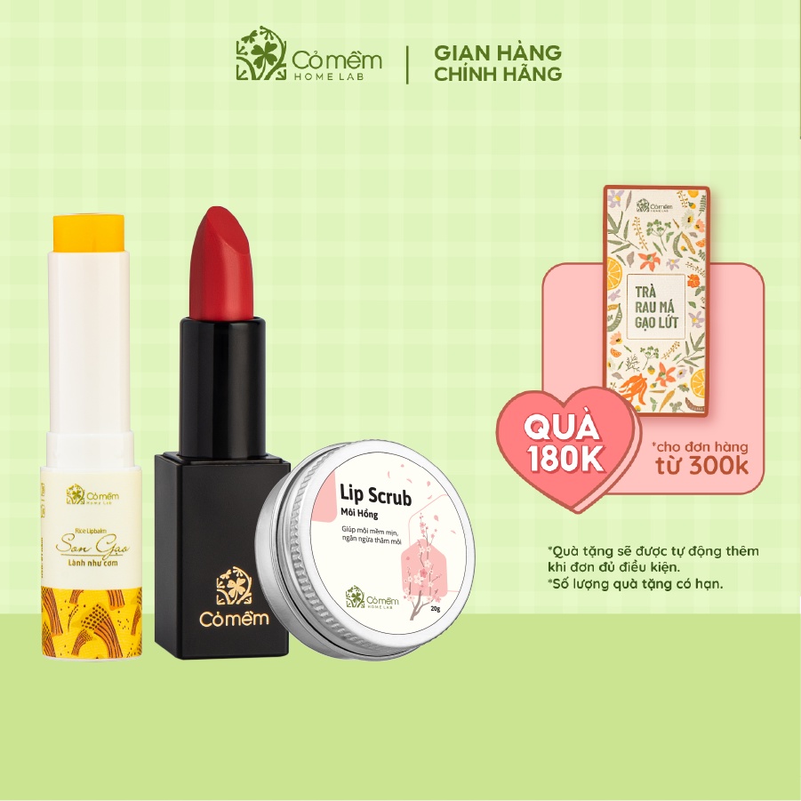 Combo Môi Hồng Cỏ Mềm Son Lụa Không Chì, Son Gạo Dưỡng Môi, Tẩy Da Chết Môi - Quà Tặng 20/10 Cỏ Mềm 20g
