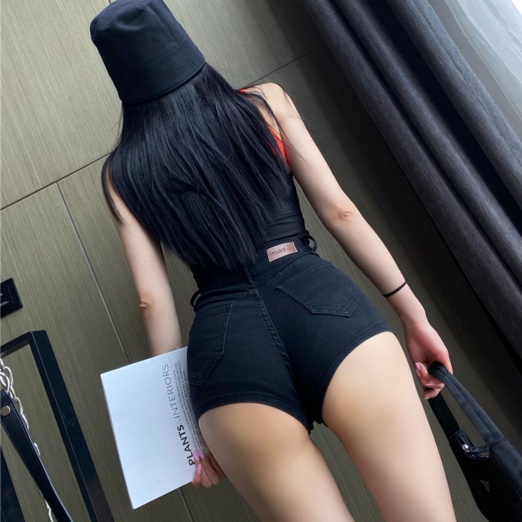 Quần Short Jeans 38% Lưng Cao Dáng Ôm Màu Đen Phong Cách Phương Tây Thời Trang Xuân Hè  Cho Nữ