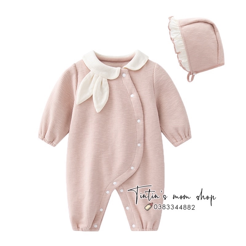 Sét body tiểu thư đầy tháng thôi nôi thun gân lót bông cổ tai thỏ kèm mũ cho bé gái