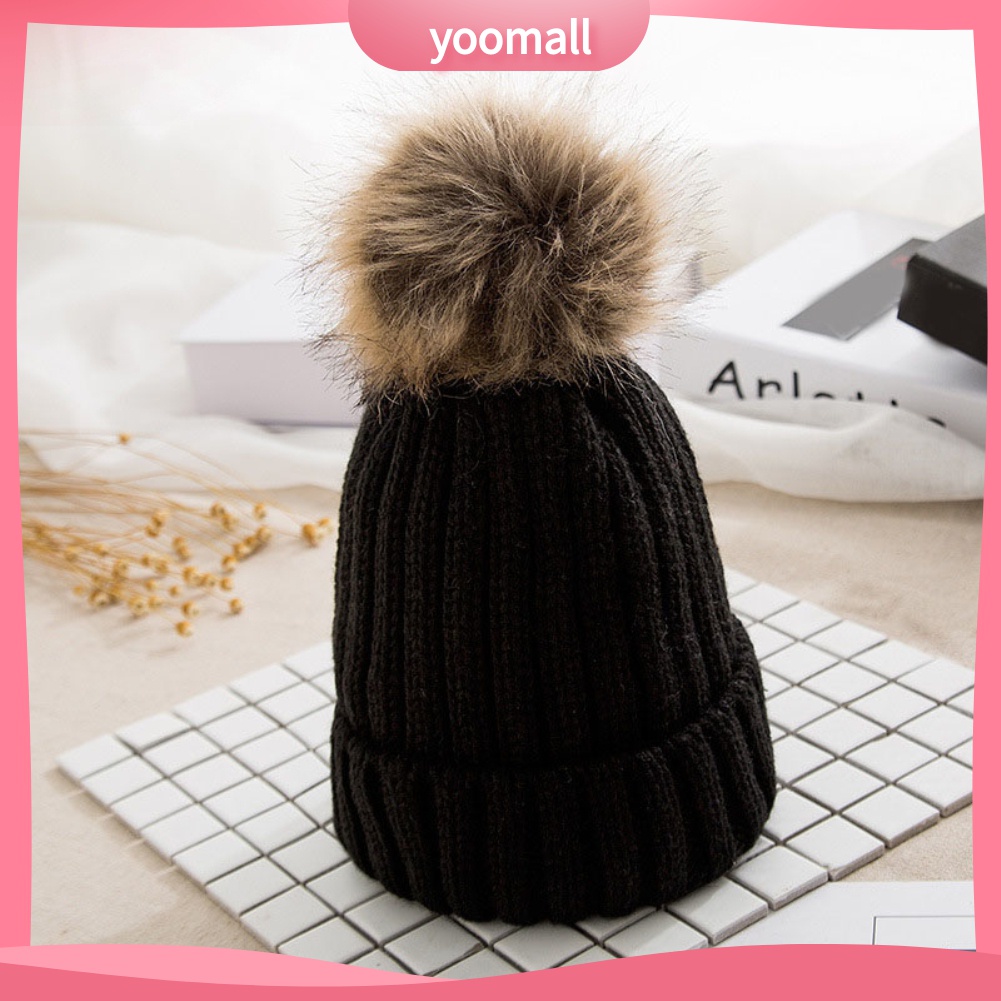 Mũ Beanie Dệt Kim Dày Dặn Màu Trơn Co Giãn Giữ Ấm Mùa Đông Cho Nữ