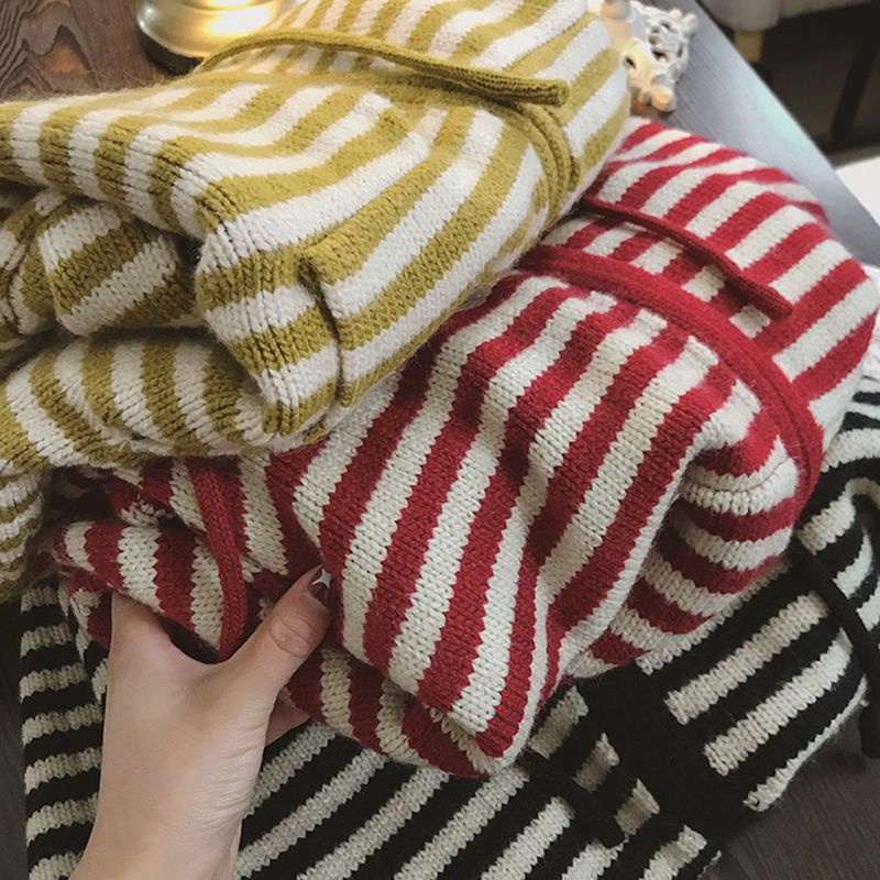 Áo Khoác Cardigan Có Nón Họa Tiết Kẻ Sọc Màu Sắc Tương Phản Phong Cách Hàn Quốc Thời Trang Thu Đông Mới 2022