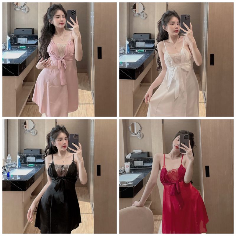 🥰 Đầm lụa phối ren, cột nơ trước