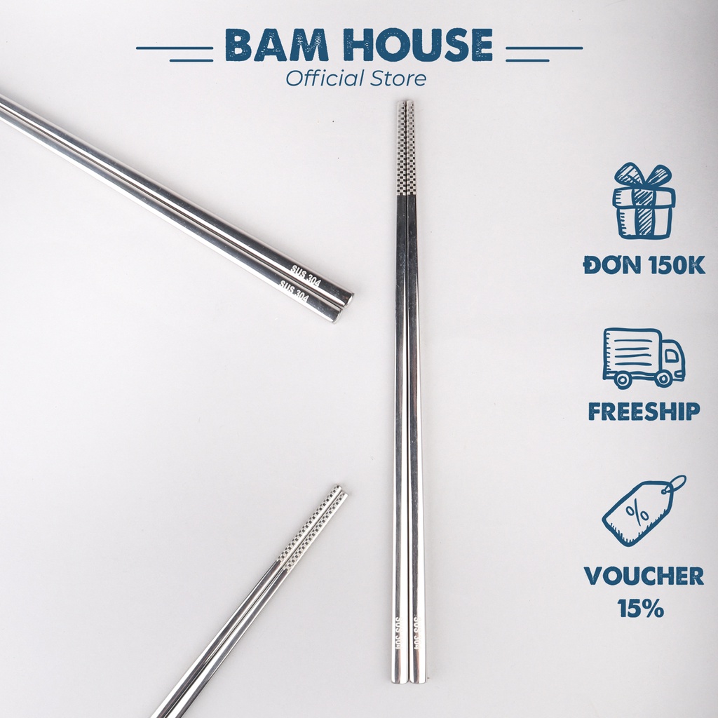 Đũa inox 304 Bam House đũa chắc tay vân hoạ tiết chống trơn trượt lõi thép cao cấp DIN02