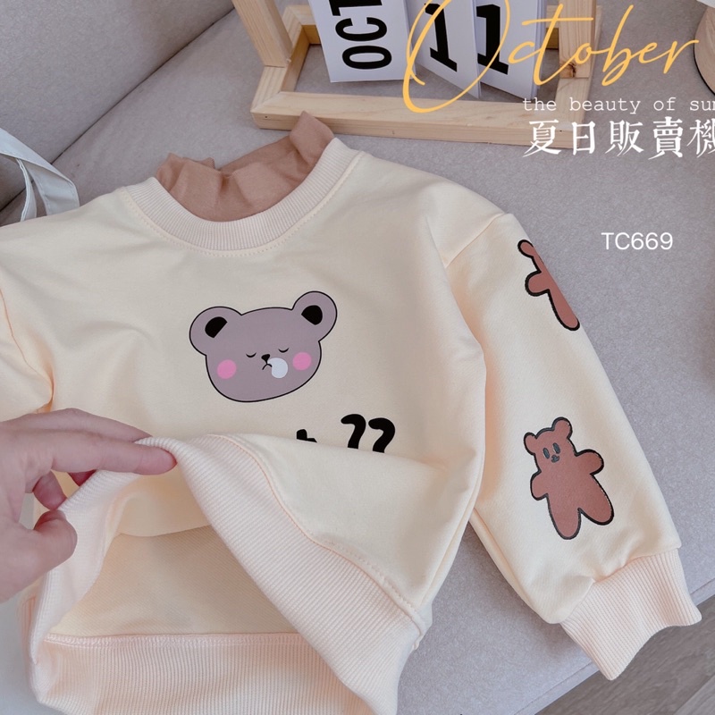 Áo bé gái dài tay cổ 3 phân giữ ấm hoạ tiết gấu siêu xinh