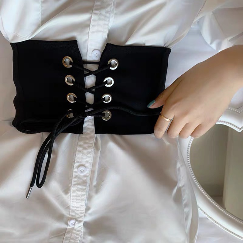 Thắt lưng bản to kiểu corset ĐV034 màu đen đan dây thu nhỏ eo- đai váy áo sơ mi làm thon eo cá tính.
