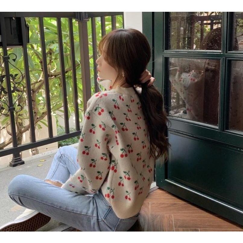Áo Khoác Cardigan Dệt Kim Dáng Rộng In Họa Tiết Cherry Phong Cách Nhật Bản Thời Trang Xuân Thu Mới Cho Nữ