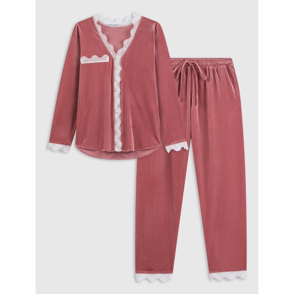Set Pyjama nhung tăm viền ren cổ Nhật 3 màu cao cấp
