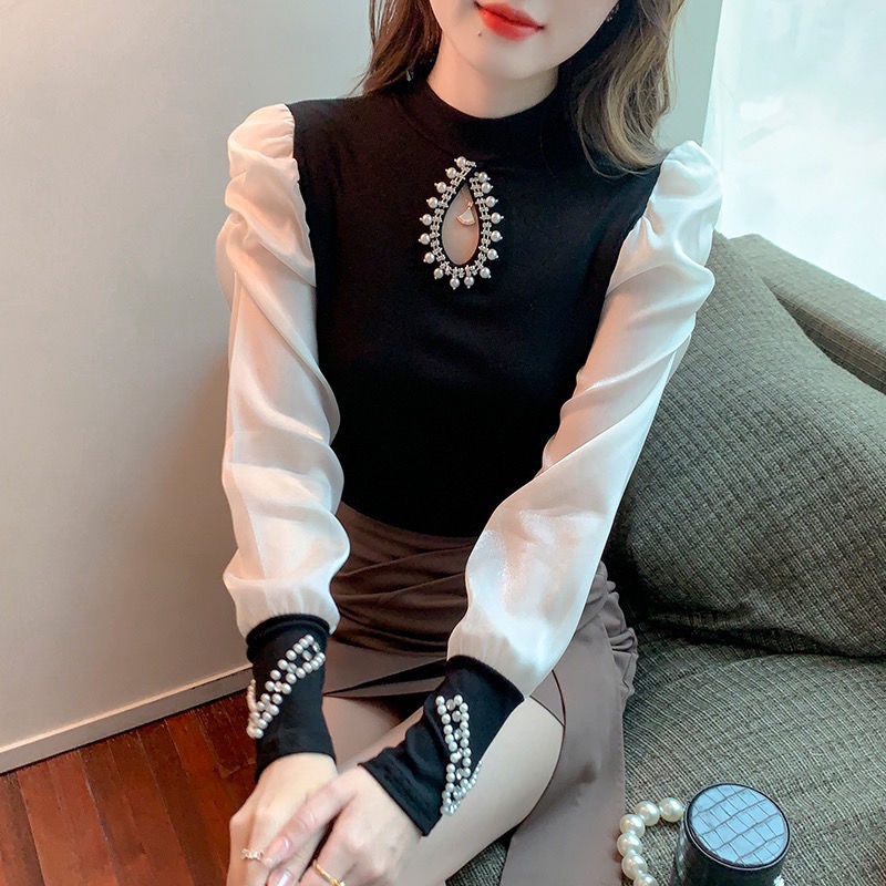 Áo Kiểu Tay Phồng Cổ Lọ Dáng Ôm Đính Hạt Thời Trang Xinh Xắn Cho Nữ