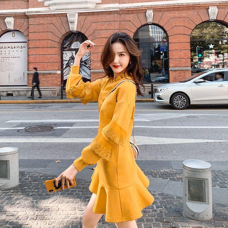 Đầm Nỉ Cổ Cao Viền Ren Phong Cách Hàn Quốc Thời Trang Thu Đông Mới Cho Nữ