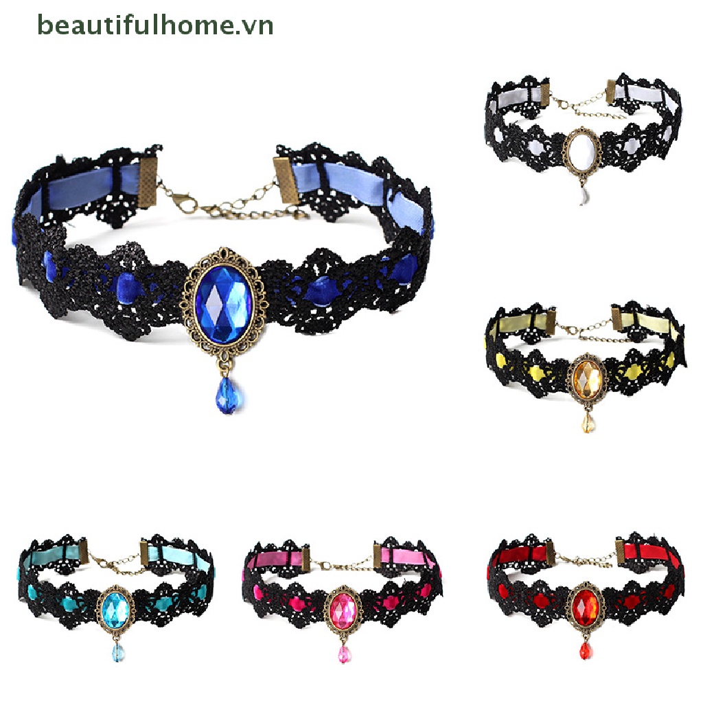 [beautifulhome] Vòng Cổ Choker Ren Nhung Đen Đính Pha Lê Phong Cách Gothic Cổ Điển [beauty]