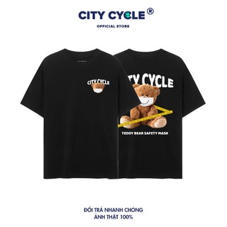 Áo thun tay lỡ Safety Bear form rộng City Cycle - áo thun adlv gấu teddy bear in hình độc đáo big size, 2 màu đen trắng