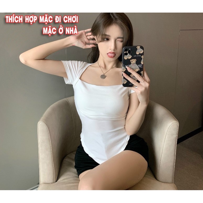 Áo thun vạt bầu ngắn tay cổ vuông ôm nữ, ao phông body nữ mẫu mới cotton 100% màu đen trắng dưới 50 cân