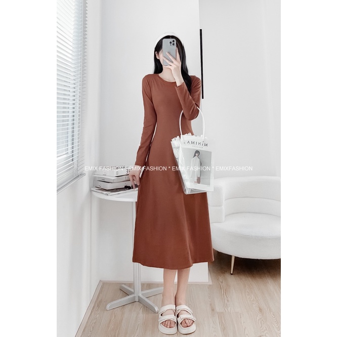 Váy maxi thun xoè EMIX, đầm chữ A dài tay, dáng dài, cổ tròn, freesize dưới 58kg 188