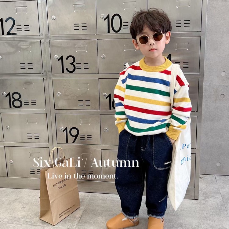 Áo Sweater Dệt Kim Kẻ Sọc Màu Cầu Vồng Kiểu Hàn Quốc Thời Trang Mùa Thu Cho Bé