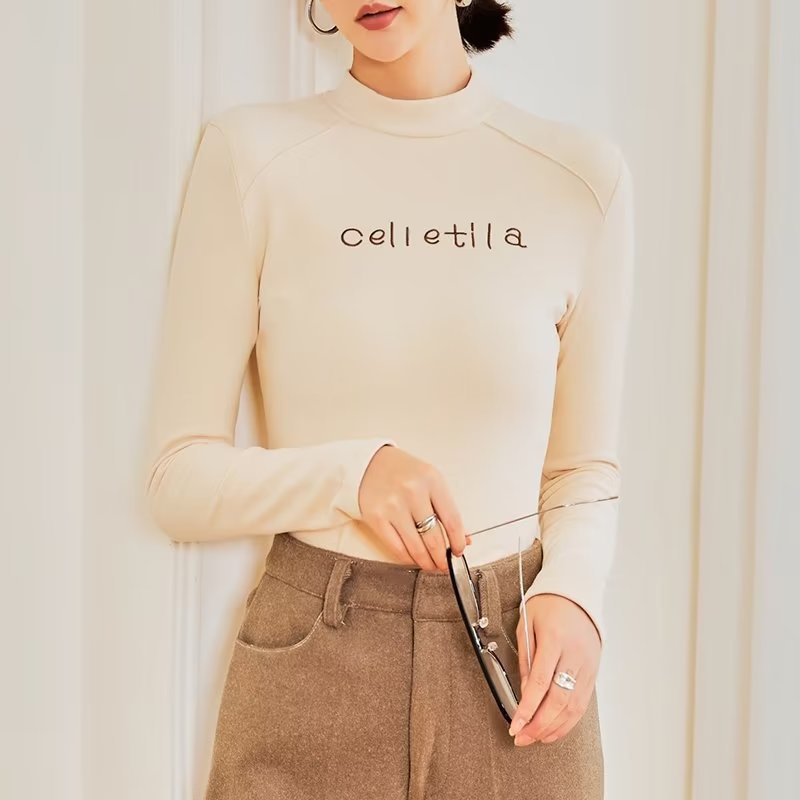 IELGY    Áo Thun Mỏng Tay Dài Cổ Lọ Ôm Dáng Thời Trang Cho Nữ