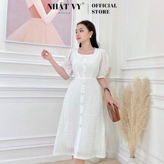 Váy Công Sở NHẬT VY Cổ Vuông Viền Ren Đính Cúc Tay Bo Thun Chất Voan Thêu Màu Xanh, Hồng, Trắng - D2402