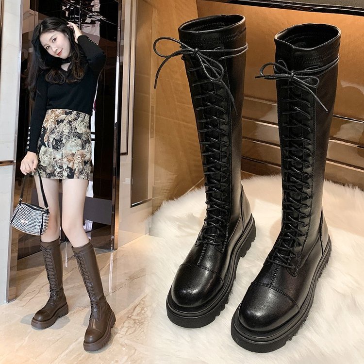 Giày Bốt Cổ Cao Mũi Tròn Cột Dây Phối Khóa Kéo Sau Lưng Phong Cách Mới