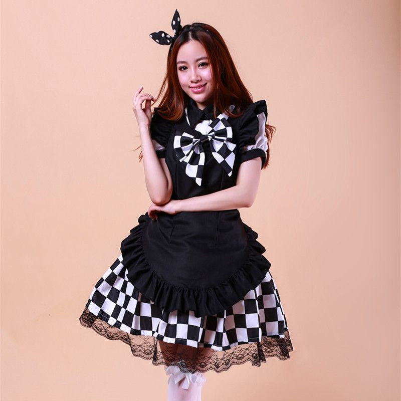 [CÓ SẴN]_Bộ đầm Lolita maid ngắn người hầu kẻ caro đen trắng