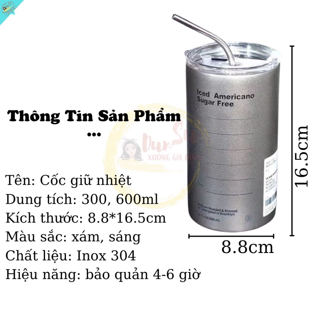 Cốc Giữ Nhiệt Iced Americano Hiệu Quả 6H Bình Giữ Nhiệt Inox 304  Có Ống Hút Ly Giữ Nhiệt Coffee Capuchino 600ML