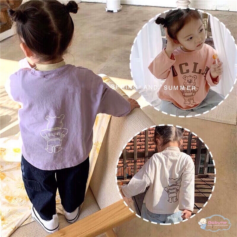 Áo Thun Dài Tay Cổ Tròn Màu Trơn In Họa Tiết Hoạt Hình Cho Bé Trai Và Gái