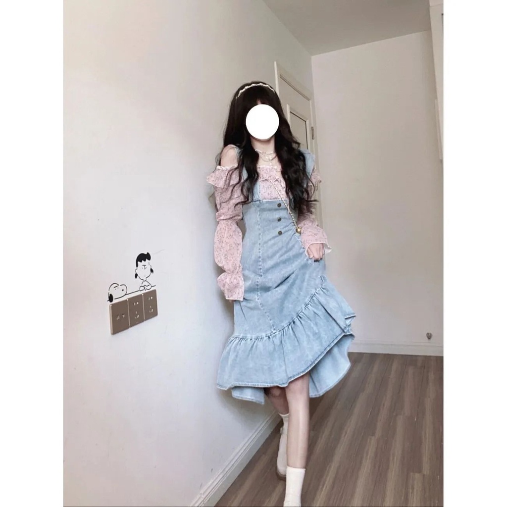 Váy Yếm Denim Đuôi Cá Nhấn Eo Nhỏ Phối Bèo Ngọt Ngào Mùa Hè 2022 Dễ Phối