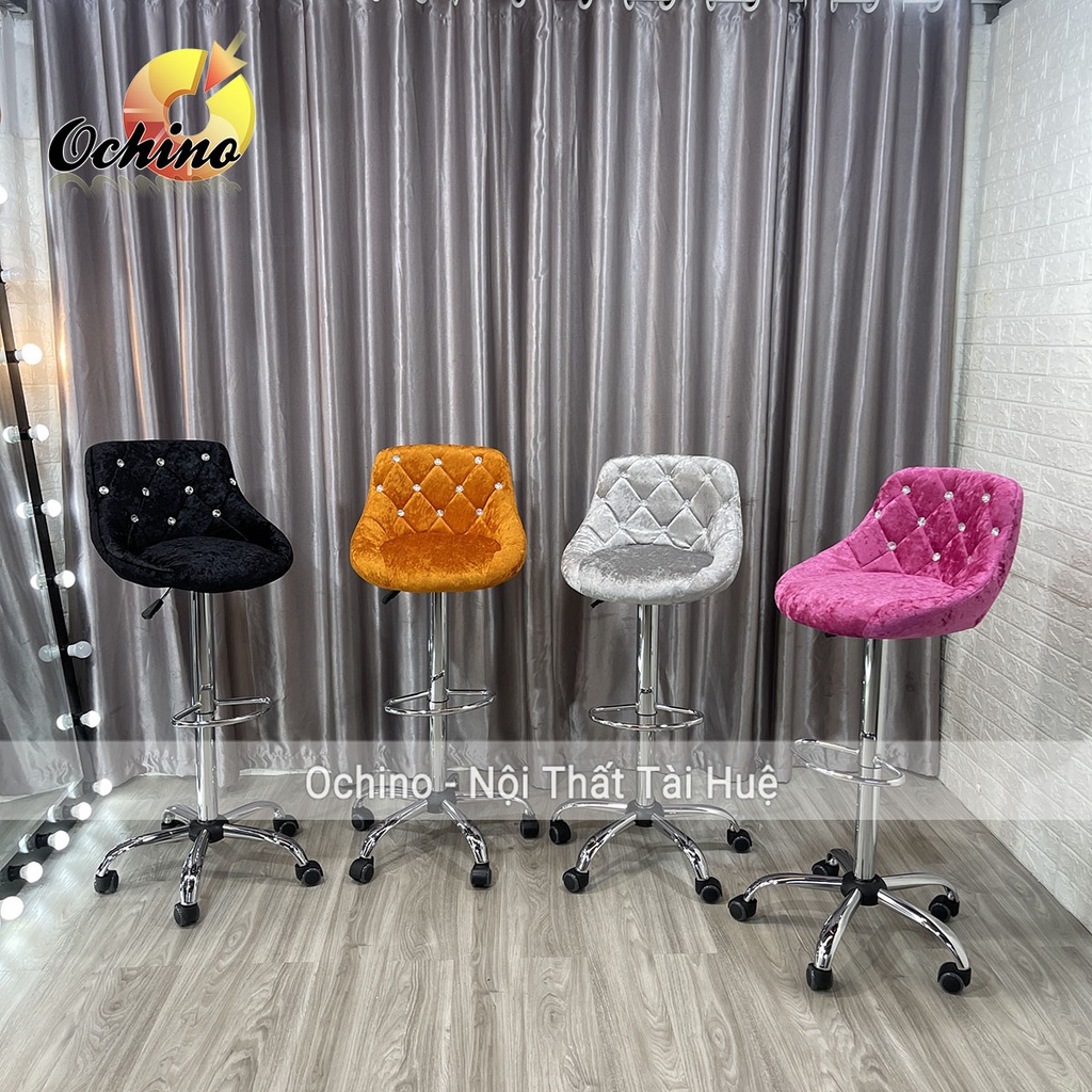 Ghế Makeup, Ghế Quầy Bar Có Bánh Xe Điều Chỉnh Độ Cao 65/ 85Cm Và Xoay 360 Độ Mẫu Nỉ Nhung Đính Đá (Đủ Màu)