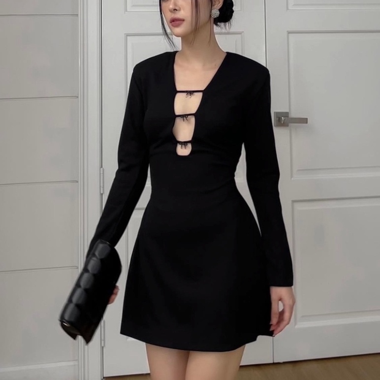 Đầm đen đi dự tiệc cưới xẻ ngực, hở lưng, tay dài dành cho nàng sexy - T021 đi biển dự tiệc dạo phố rẻ đẹp