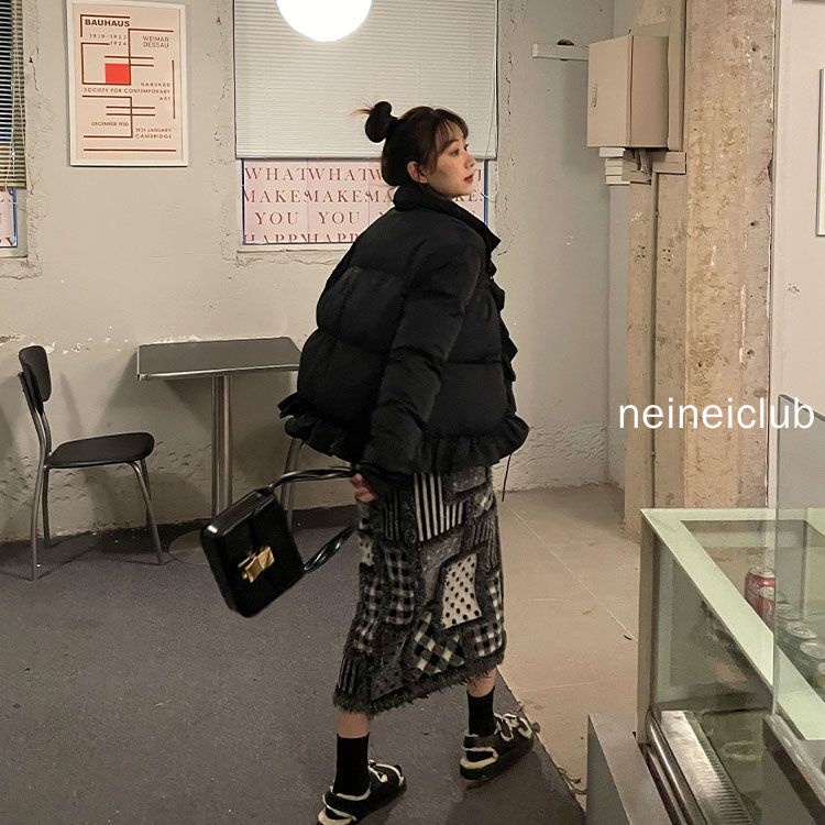 Neinei Chân Váy Len Dáng Chữ a Lưng Cao Họa Tiết Sọc Caro Xẻ Tà Thời Trang Mùa Thu