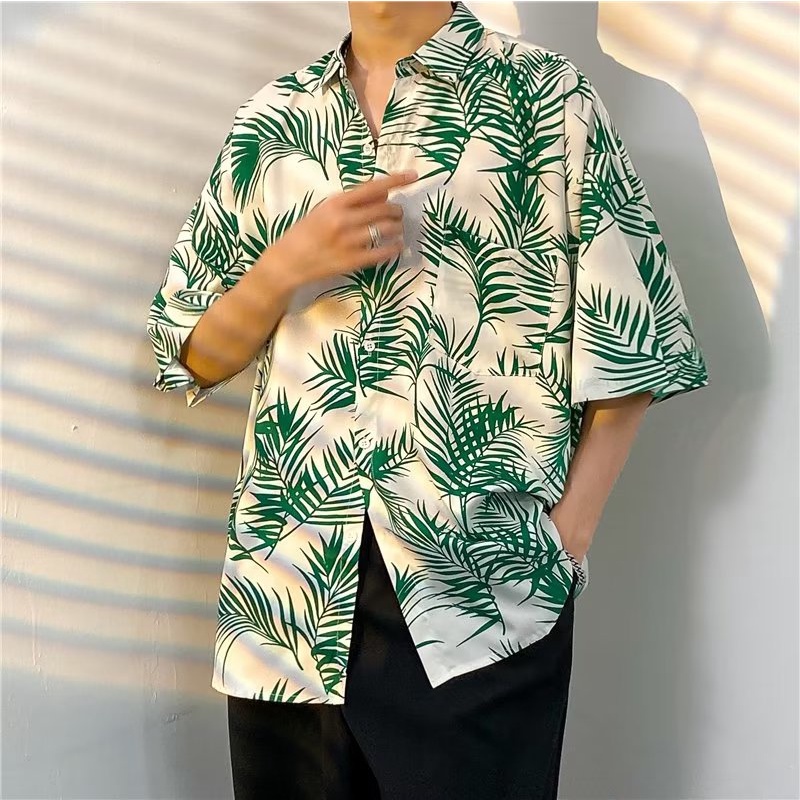 Áo Sơ Mi Tay Ngắn Dáng Rộng In Họa Tiết Lá Cây Phong Cách Hawaii Thời Trang Mùa Hè Chất Lượng Cao Cho Nam